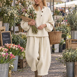 Beige Vertical Waffle-knit Henley Loose Top And Loose Lantern Pants Set