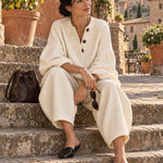 Beige Vertical Waffle-knit Henley Loose Top And Loose Lantern Pants Set