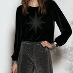 Black Star Embellished Velvet Top and Silver Gray Wide-Leg Pants Set
