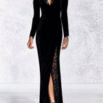 Black Velvet V-neck Maxi Dress With Sheer Floral Lace Panels