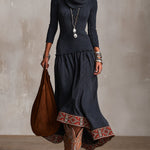 Navy Blue Cowl-neck Maxi Dress With Ethnic Geometric Print