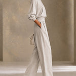 Gray Boat Neck Top & High Waist Pleated Wide Leg Pants Set