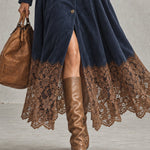 Navy Faux Suede Midi Shirt Dress With Brown Lace Hem