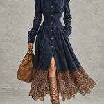 Navy Faux Suede Midi Shirt Dress With Brown Lace Hem