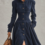 Navy Faux Suede Midi Shirt Dress With Brown Lace Hem