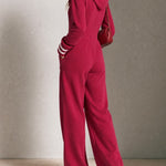Burgundy Hooded Zip-up Jumpsuit With Striped Cuffs
