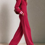 Burgundy Hooded Zip-up Jumpsuit With Striped Cuffs