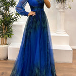 One Shoulder Mesh Abstract Gradient Print Maxi Dress