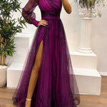 One Shoulder Mesh Abstract Gradient Print Maxi Dress