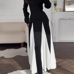 Elegant Black and White Colorblock Round Neck Waist Long Sleeve Dress