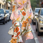 Elegant Floral V-neck Chiffon Pleated Midi Dress