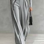 White Trim High-neck Long-sleeved Top With Wide-leg Pants and Belt Set