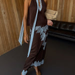 Elegant Brown and Blue Lace Panel Skirt