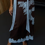 Elegant Brown and Blue Lace Panel Top + Skirt Suit Set