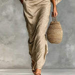 Cotton And Linen Blend Bat Sleeve Long Skirt Two-piece Set