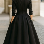Elegant Black Satin Pleated V-neck A-line Midi Dress