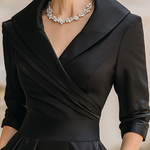 Elegant Black Satin Pleated V-neck A-line Midi Dress