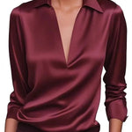 Solid Color Satin V-neck Long-sleeved Casual Shirt