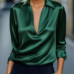 Solid Color Satin V-neck Long-sleeved Casual Shirt