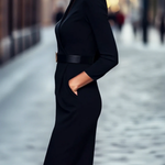 Black Stand Collar Drawstring Shift Midi Dress