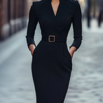 Black Stand Collar Drawstring Shift Midi Dress