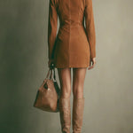 Brown Faux Suede Stand Collar Zipper Mini Dress