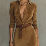 Suede Single-breasted Lapel Maxi Dress