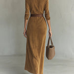 Suede Single-breasted Lapel Maxi Dress