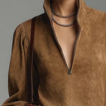 Brown Loose Suede Zipper Turtleneck Mini Dress