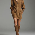 Brown Loose Suede Zipper Turtleneck Mini Dress