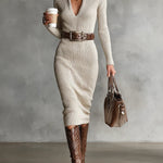 Slim Fit Half Turtleneck V-Neck Long Sleeve Knitted Belted Midi Dress（with belt）