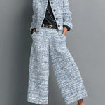 Tweed Print Blend Single-Breasted Cropped Jacket And Wide-Leg Pants Set