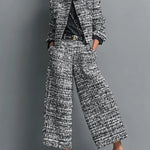 Tweed Print Blend Single-Breasted Cropped Jacket And Wide-Leg Pants Set