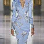 Elegant Blue Floral Print Blazer Midi Dress