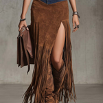 Fringe-trimmed Faux Denim Irregular Suede Midi Skirt
