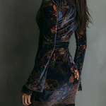 Floral Print V-neck Velvet Lace Trim Slim-fit Mini Dress