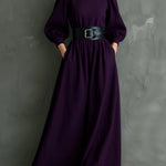 Elegant Dark Purple Turtleneck Long-sleeved Fitted Maxi Dress (with belt)