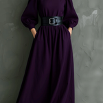 Elegant Dark Purple Turtleneck Long-sleeved Fitted Maxi Dress (with belt)