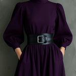 Elegant Dark Purple Turtleneck Long-sleeved Fitted Maxi Dress (with belt)