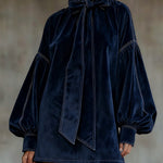 Dark Blue Velvet Bow Lantern Sleeve Mini Dress