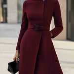 Elegant High-neck Tie-waist A-line Midi Dress (with belt)