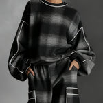 Black and Gray Plaid Color-blocked Sweatshirt and Casual Pants Two-piece set
