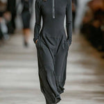 Black Turtleneck Zip-up Loose-fitting Casual Maxi Dress