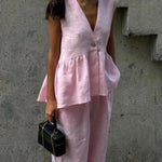 Cotton and linen V-neck ruffled two-piece suit