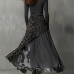 Grey Pit Stripe Leopard Print Splicing Irregular Hem Maxi Dress