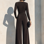 Elegant Chocolate Brown Long Sleeve Wrap Wide Leg Jumpsuit with Waist Detail