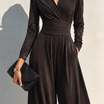 Elegant Chocolate Brown Long Sleeve Wrap Wide Leg Jumpsuit with Waist Detail