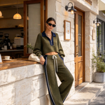 Olive Green Knit Two-Piece Set with Wide-Leg Pants