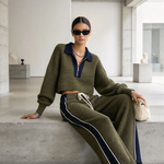 Olive Green Knit Two-Piece Set with Wide-Leg Pants