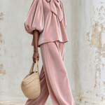 Blush Pink Bow Neck Puff Sleeve Top and Wide-Leg Pants Two-Piece Set